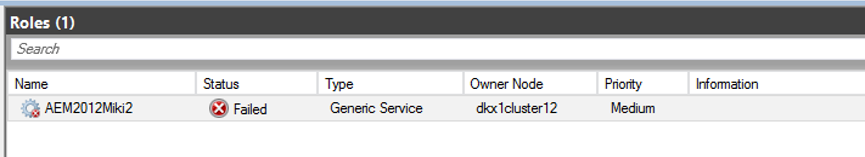 Example of cluster roles list displaying the status as Failed