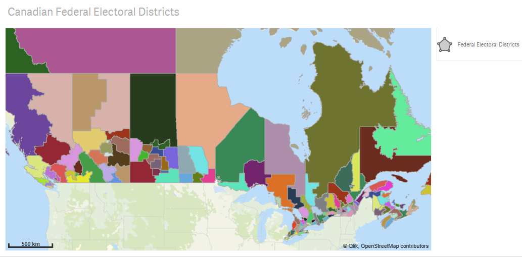 Map of Canadian federal electoral districts, with borders that are simplified to reduce processing time but still accurate