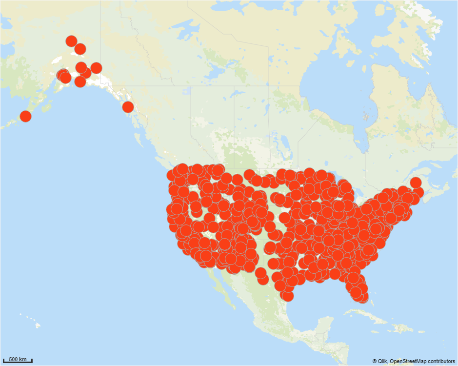 Example map of North America, with many overlapping bubbles representing cities with historical sites