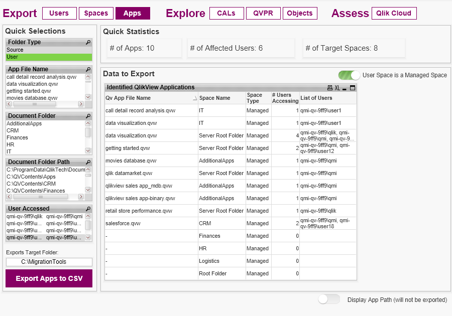 Export apps in a managed space