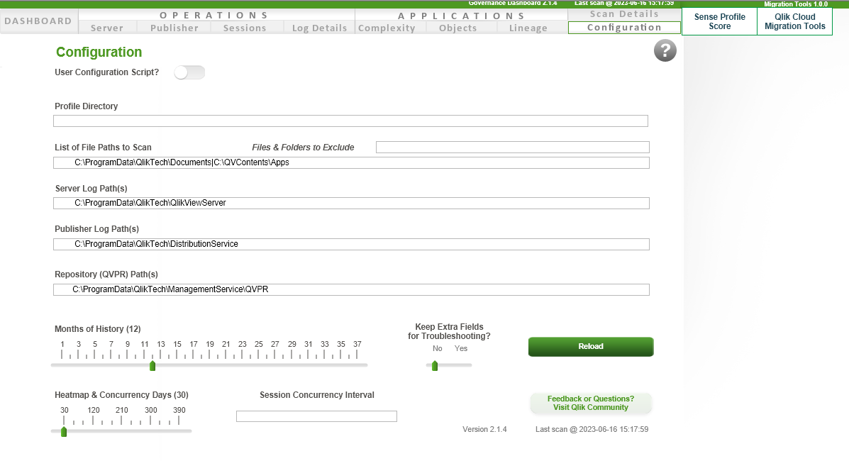 Configuration tab of QlikView to SaaS Migration App