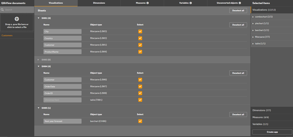 Visualizations tab in Customers document in converter tool.