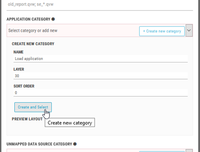 The Application Category section, with fields for Name, Layer, and Sort Order. At the bottom, the Create and Select button is selected.