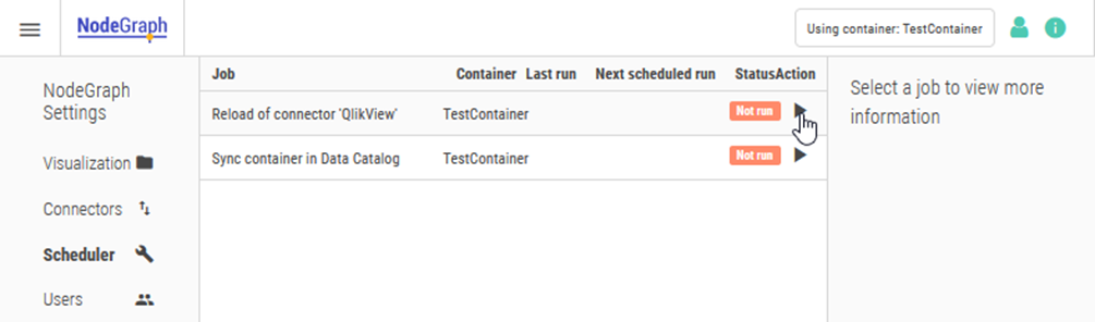 The NodeGraph Scheduler. Two jobs, Reload of Connector Qlikview and Sync Container in Data Catalog, are visible.