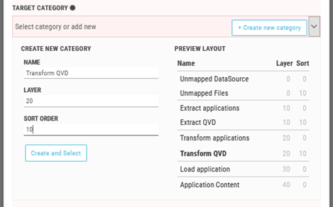 Creating the Transform QVD category. Layer is set to 20, and Sort is set to 10.