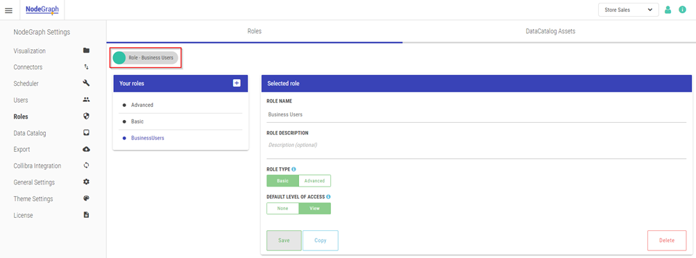 The Roles page. The top left of the screen displays that the role "Business Users" is currently selected.