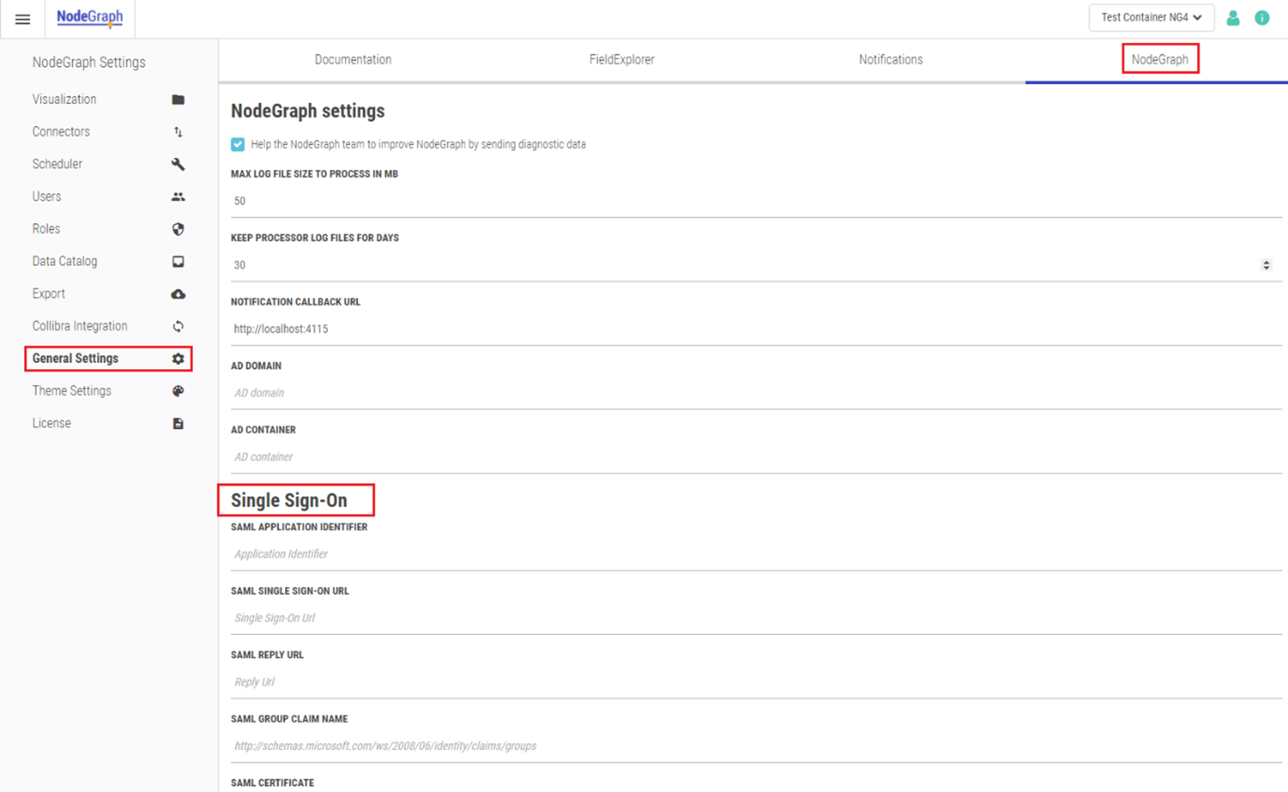 Single Sign-On settings can be found in the General Settings tab of NodeGraph Settings.