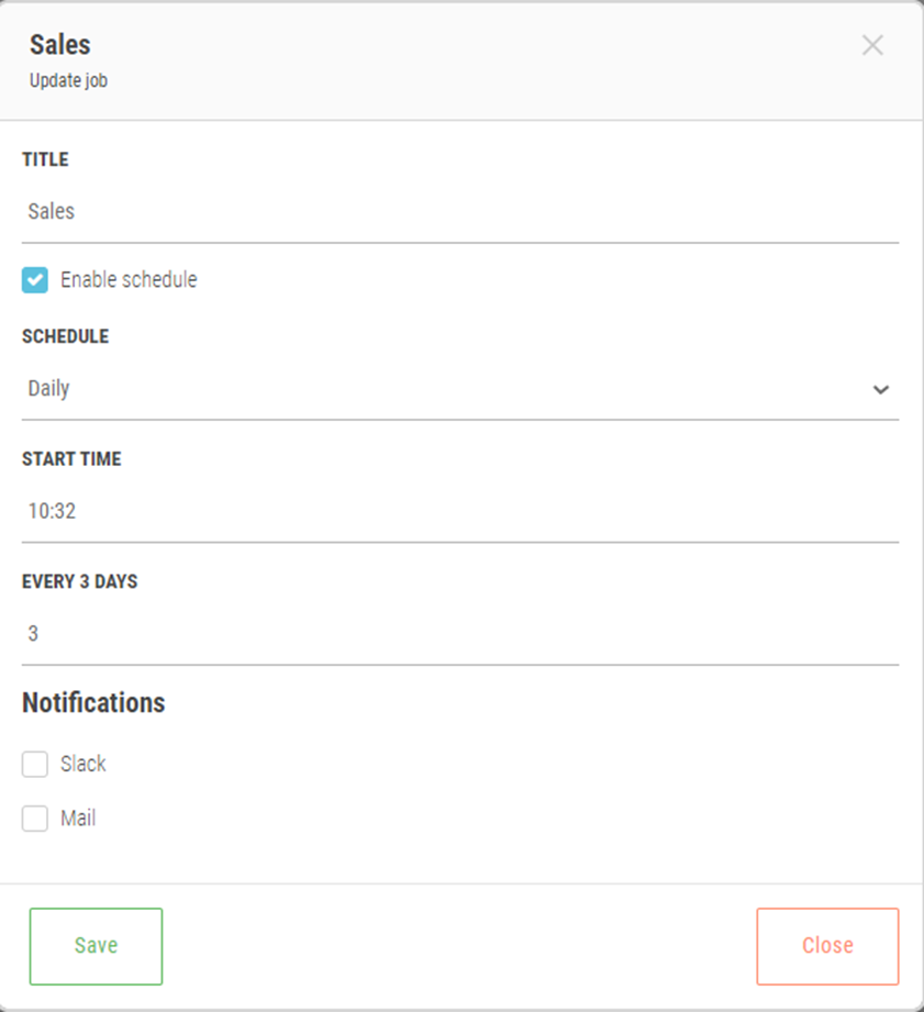 Settings for the Document Scheduler. There are fields for Title, Schedule, Start Time, Every # Days, and Notifications.