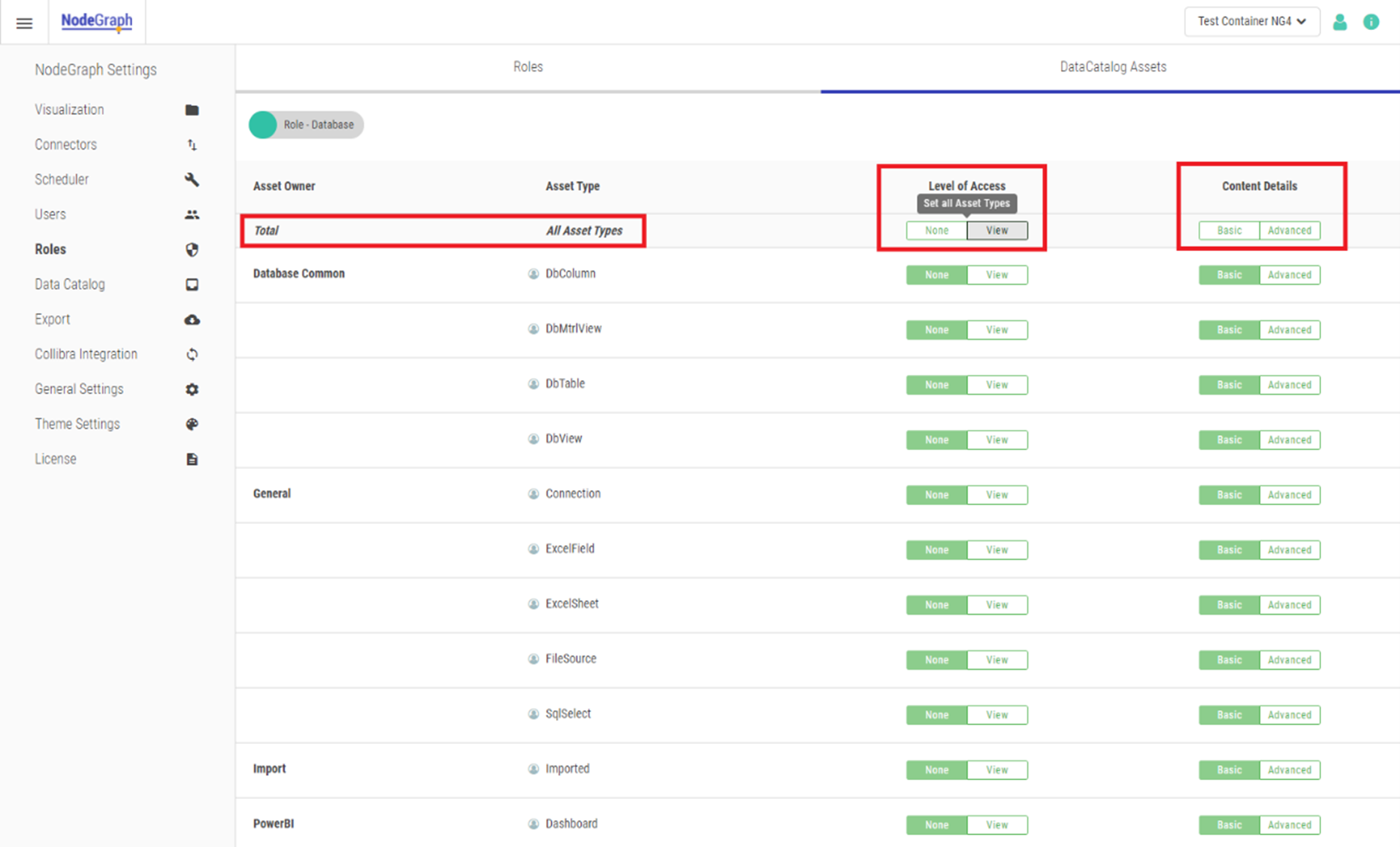 The Total row, found at the top of the assets list, can be used to change settings for all assets at once.