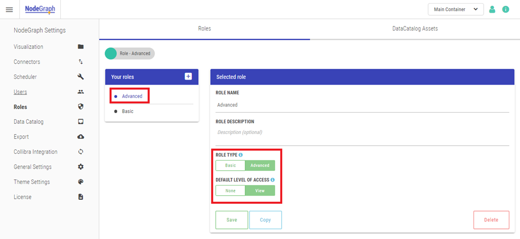 The Advanced role under Your Roles. Role Type is set to Advanced, and Default Level of Access is set to View.