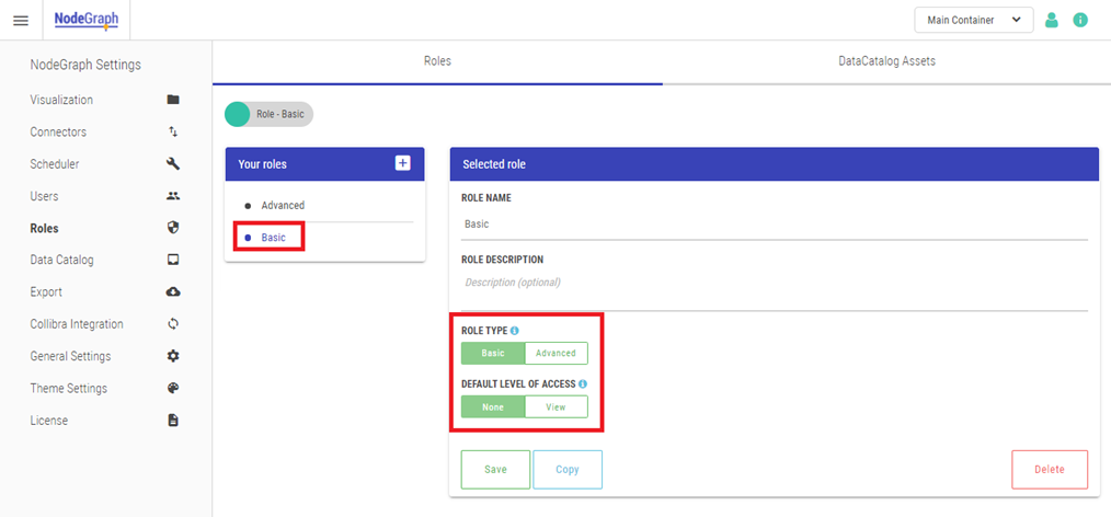 The Basic role under Your Roles. Role Type is set to Basic, and Default Level of Access is set to None.
