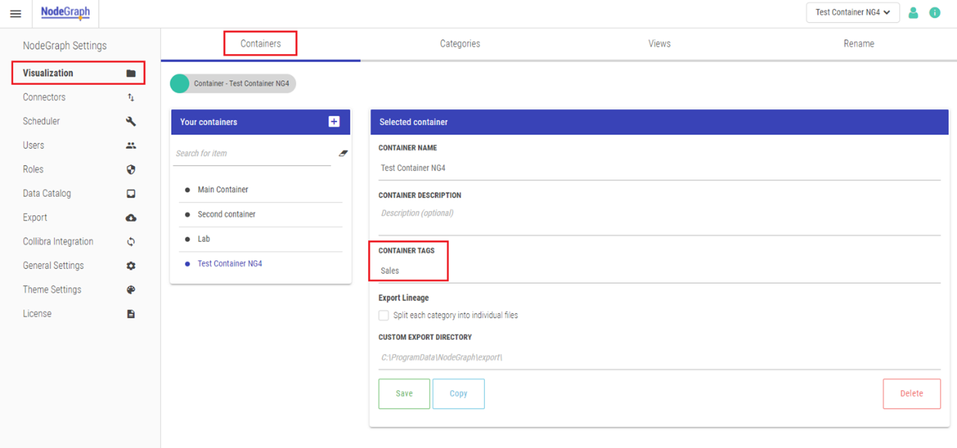 The Visualization and Containers tabs in NodeGraph settings. A list of container tags is visible in the middle of the screen.