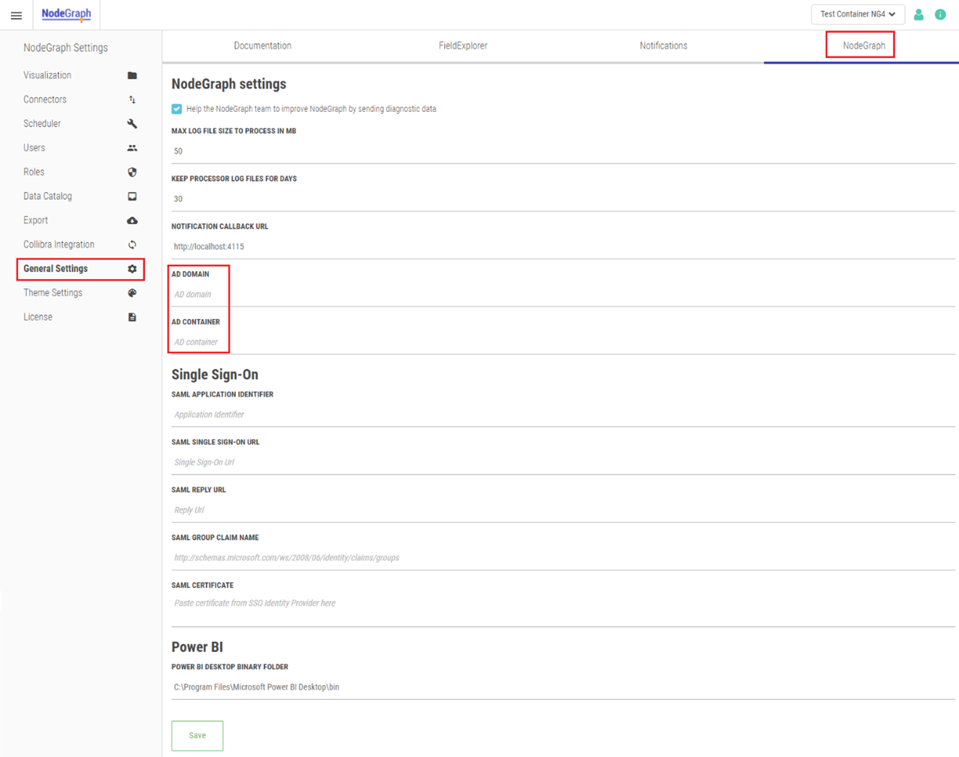 The General Settings and NodeGraph tabs in NodeGraph Settings. The fields for Ad Domain and Ad Container are highlighted.