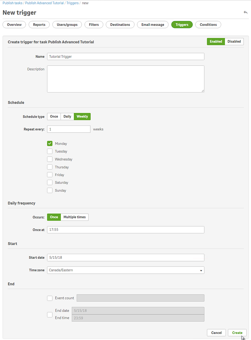 Trigger creation interface