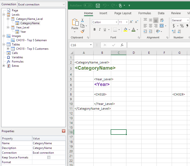 Excel report template with two levels added to the sheet.