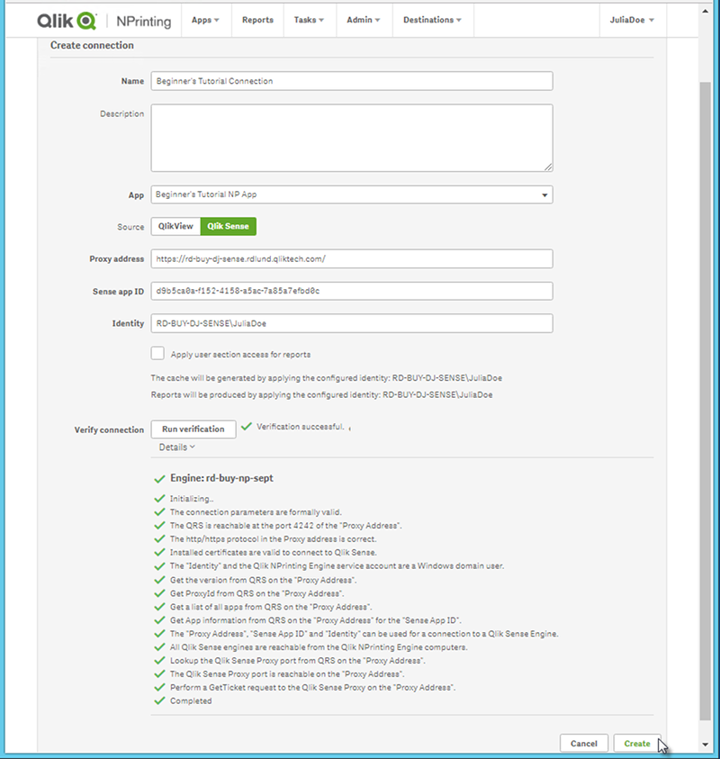 Successful Qlik Sense connection verification results.