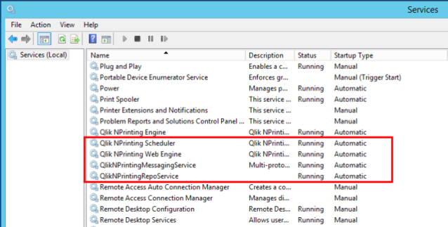 Windows services task window showing the Qlik NPrinting services that must be running to continue installation.