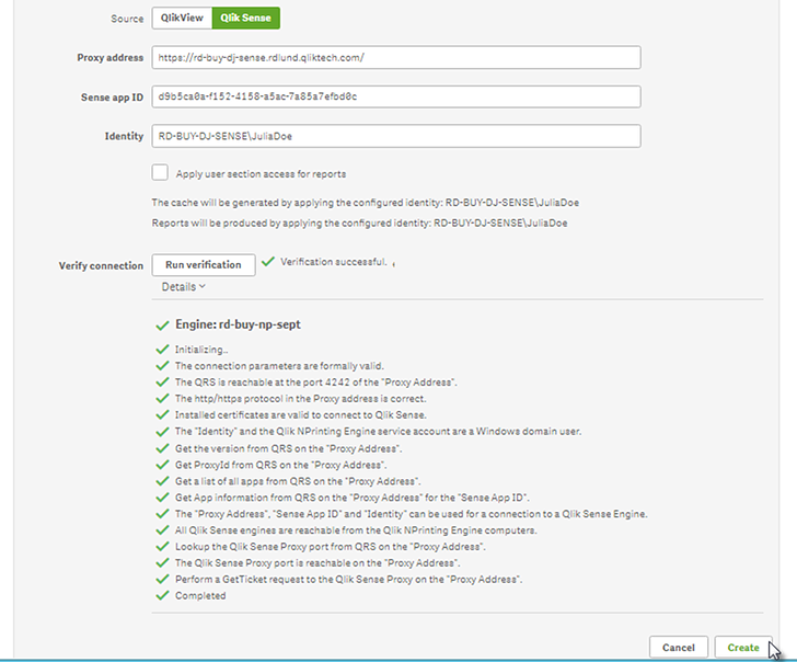 Successful Qlik Sense connection verification screen.