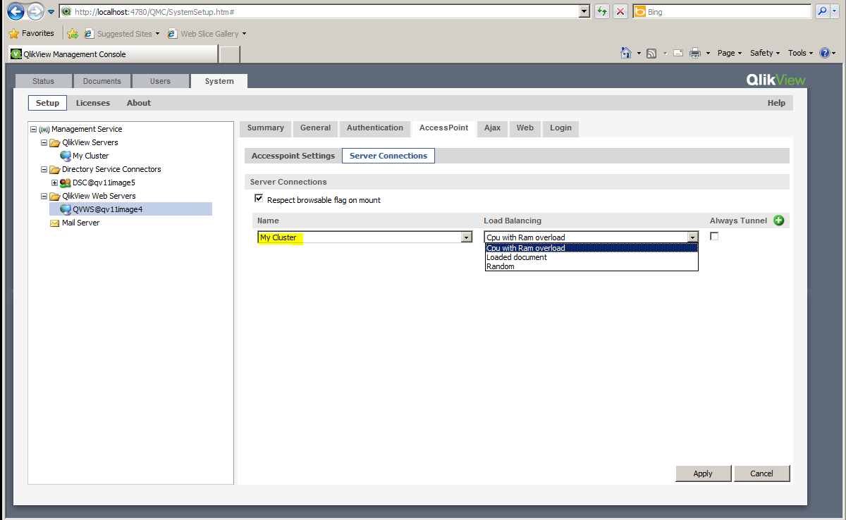 The QMC under System > Setup > QlikView Web Servers > AccessPoint > Server Connections. My Cluster has been selected from the drop-down menu.