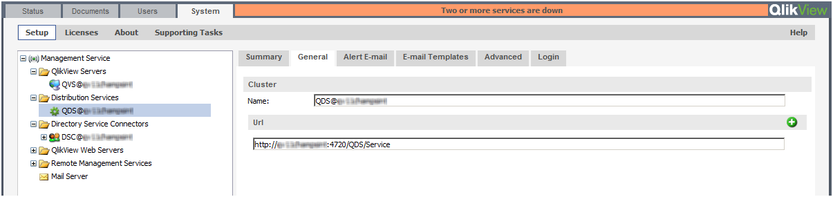 The QMC window, under System > Setup > Distribution Services > General.