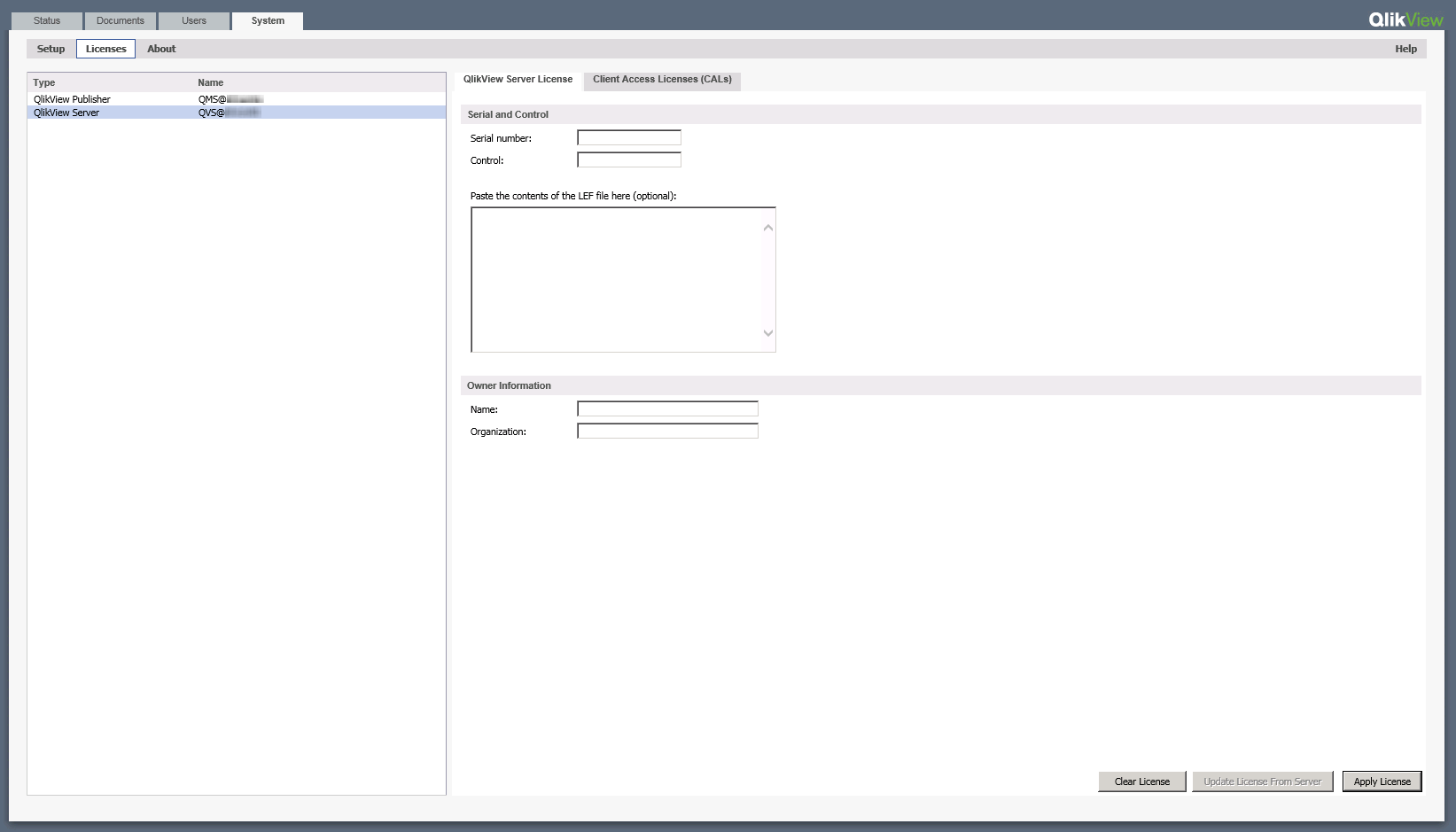 The QlikView System/Licenses tab. "QlikView Server" is selected.