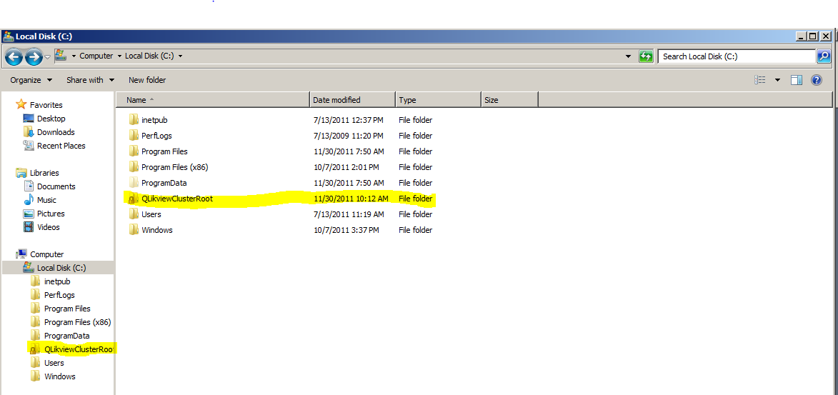 The C: Drive folder. QlikviewClusterRoot is selected.