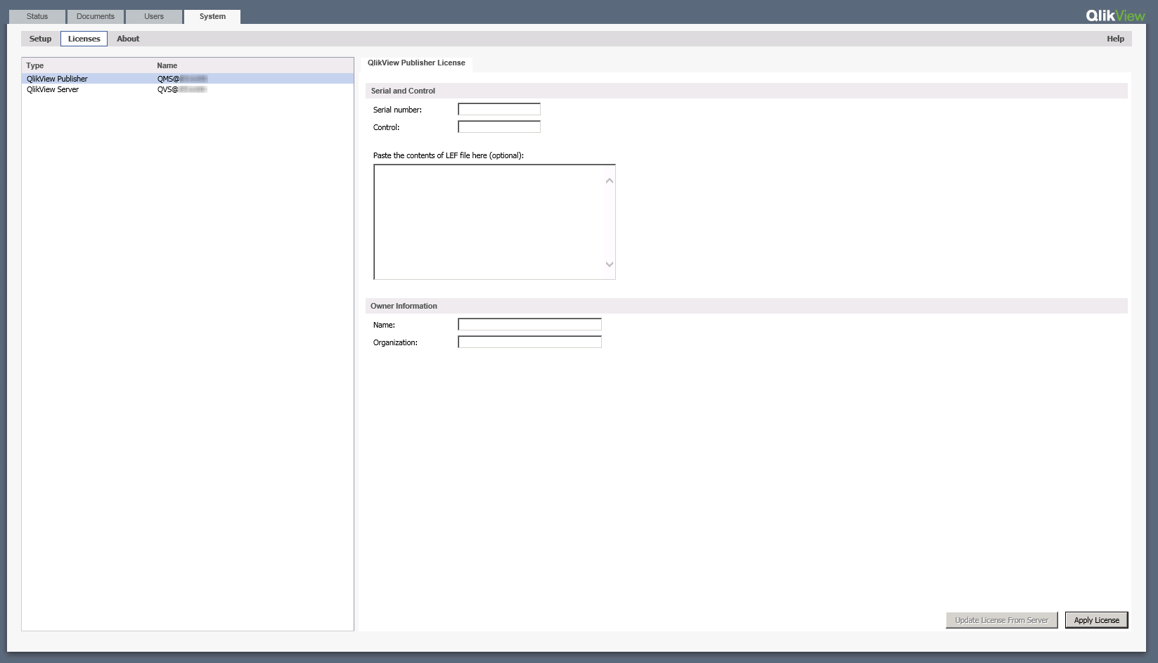 The QlikView System/Licenses tab. "QlikView Publisher" is selected.