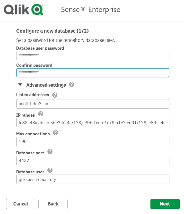 Window 1 of 2 for configure new database