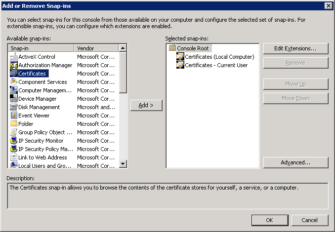 The Add or Remove Snap-ins window. "OK" is selected.