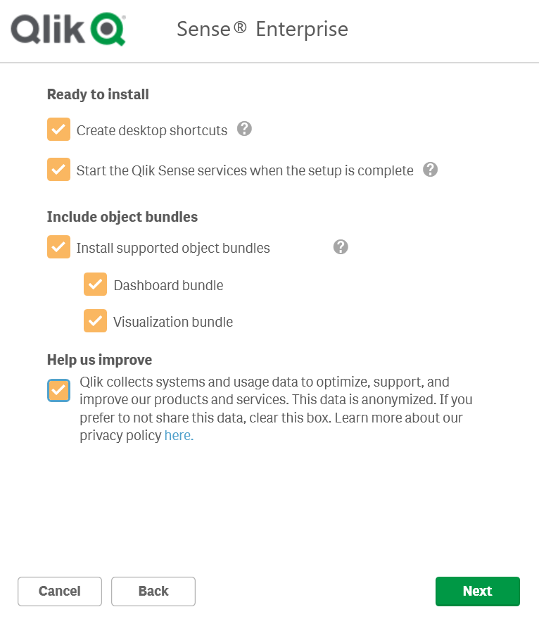 Ready to install screen from qlik sense installer with all options selected.