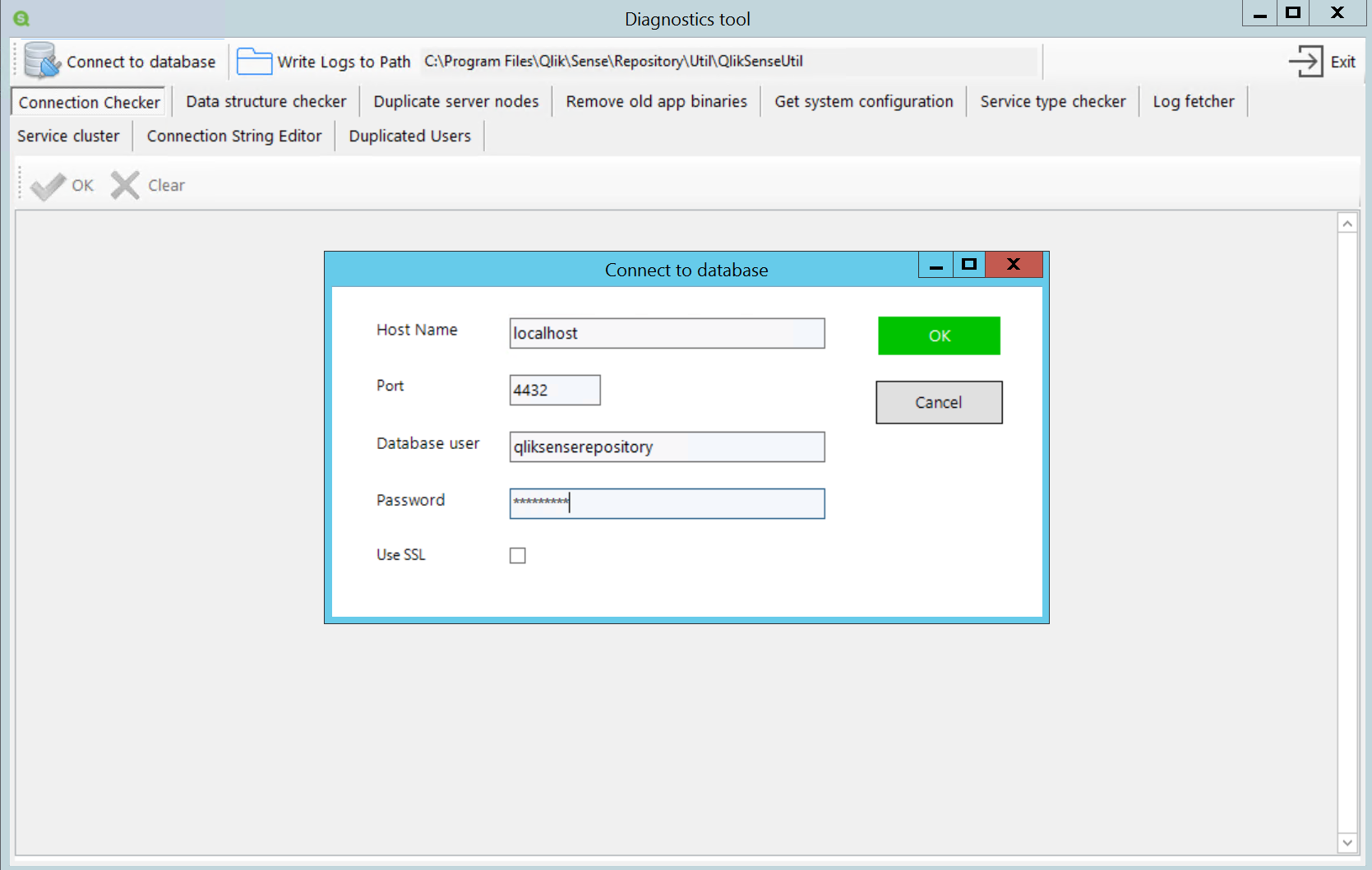 QlikSenseUtil window with repository username and password entered. 