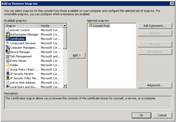 The Add or Remove Snap-ins window. "Certificates" is selected on the left.