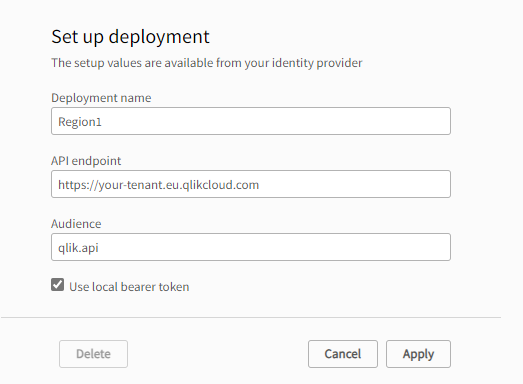 The deployment configuration pane with input fields.