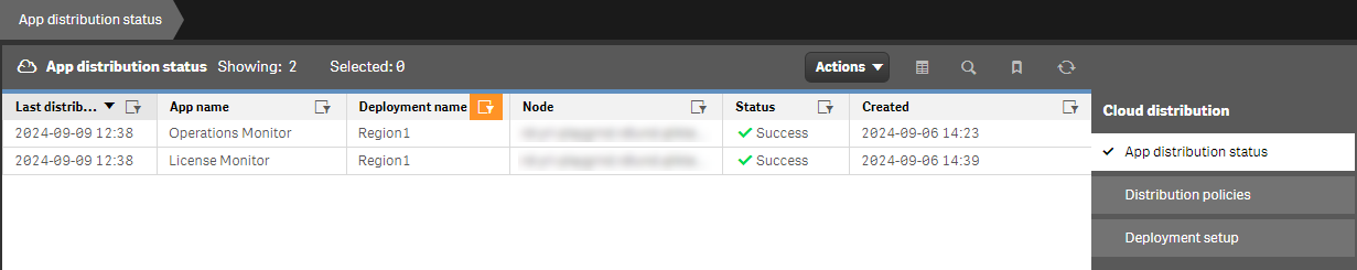 The App distribution status page showing status of apps distributed to Region1.