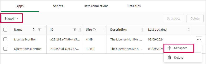 The Apps page in Qlik Cloud with filter for Staged apps. Option to Set space for app showing.