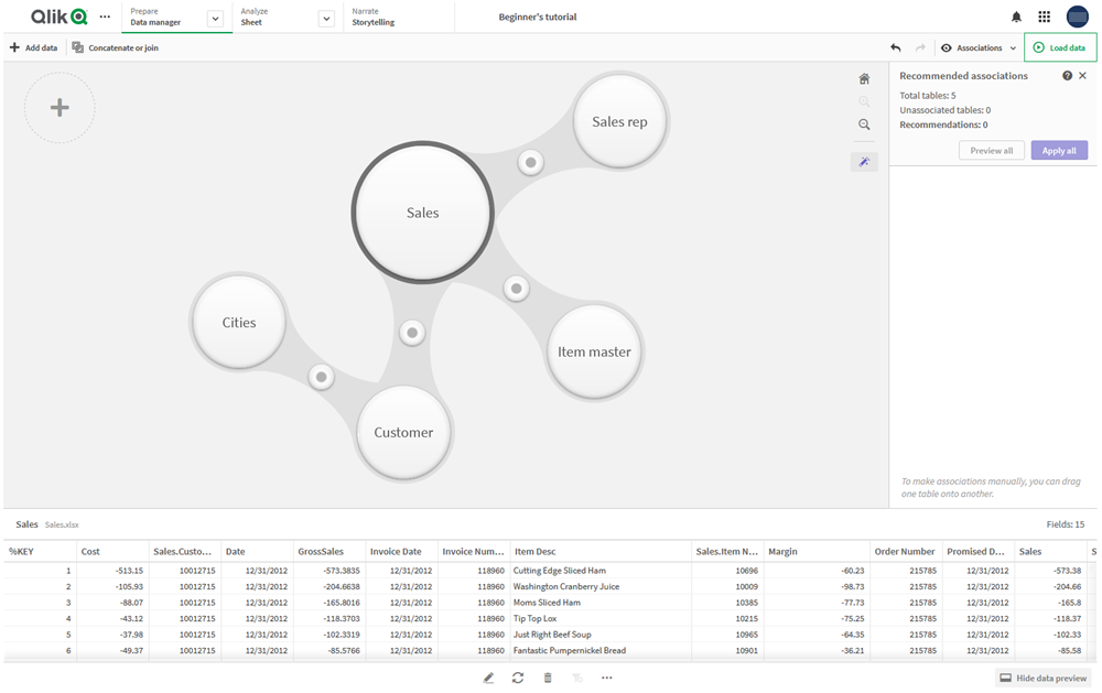 Associations view of the Data manager.