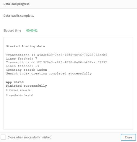 Data load progress log showing the Transactions table was loaded twice. 