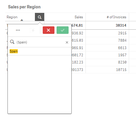 Compound search using only one search term. In this case, the search is entered in the 'Region' field and the search text is '(Spain)', without quotation marks. The 'Region' value 'Spain' is the only listed result.