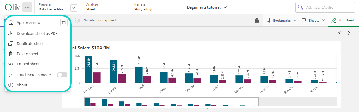 Global menu for a sheet in Qlik Sense Enterprise.