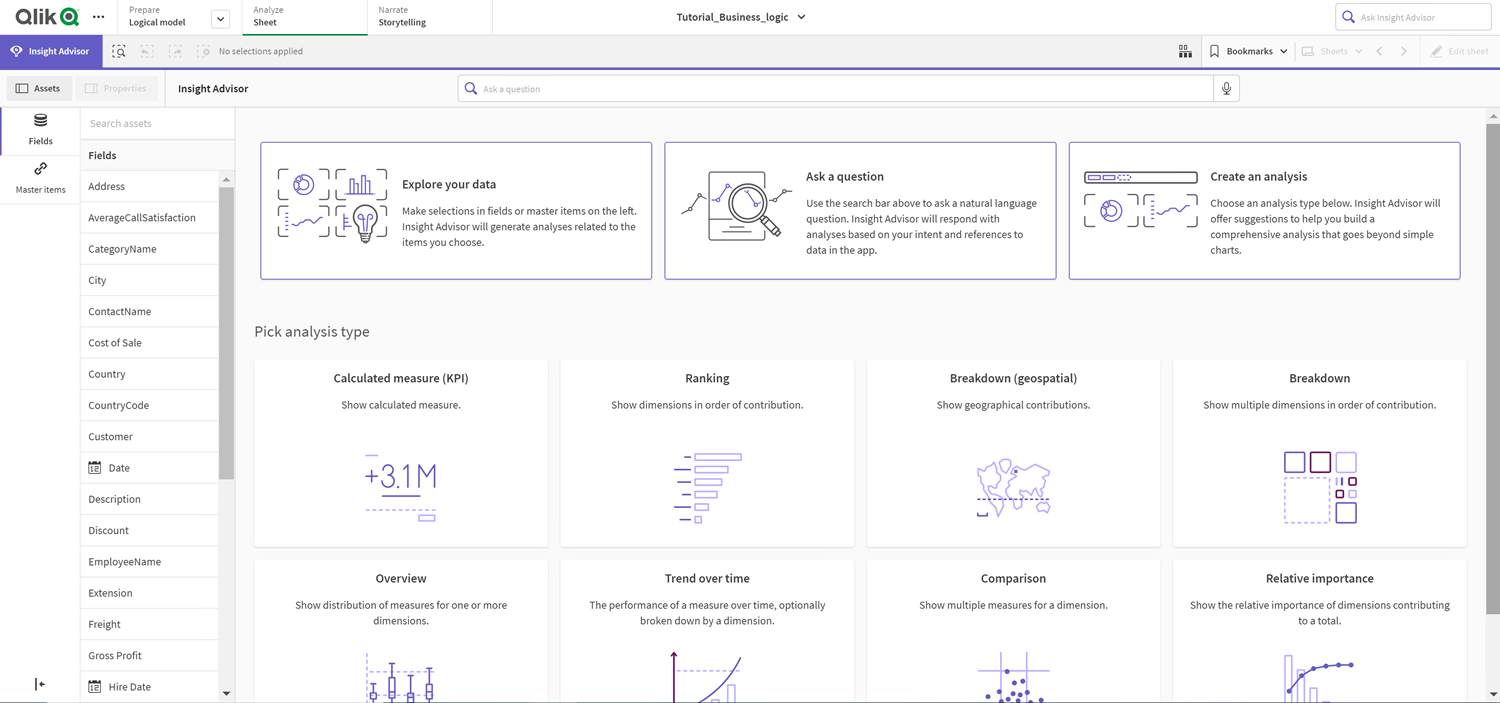 Insight advisor with business logic applied. The Assets panel has hidden many fields that were not relevant from analysis.