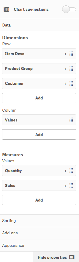 Properties panel, data pane.