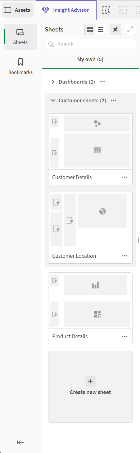 The assets panel open to Sheets. There are three groups, Dashboards, Customer sheets, and Product sheets. Customer sheets is open while the other two groups are collapsed.