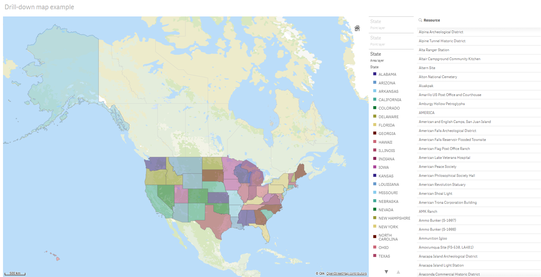 Map with drill down layer displaying counties in USA.