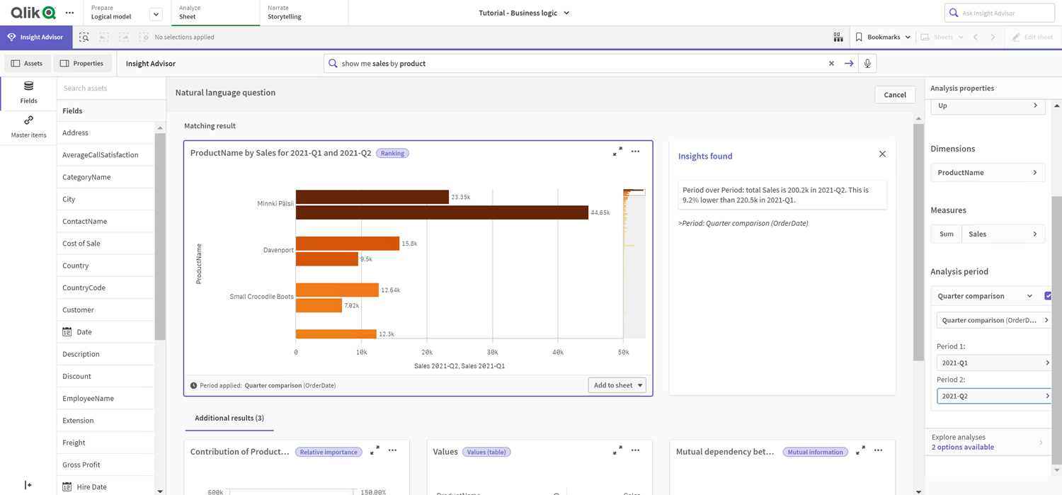 Insights chart with Quarter comparison calendar period applied. A bar chart is displayed showing the sum of Sales by Product name. Products have two sum of Sales bars, one for the current quarter and one for the quarter two quarters previous