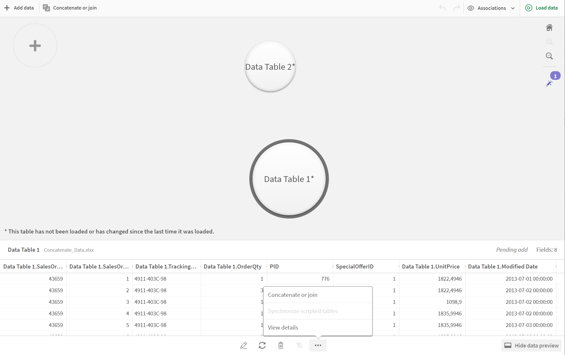 Associations view with option Concatenate tables.