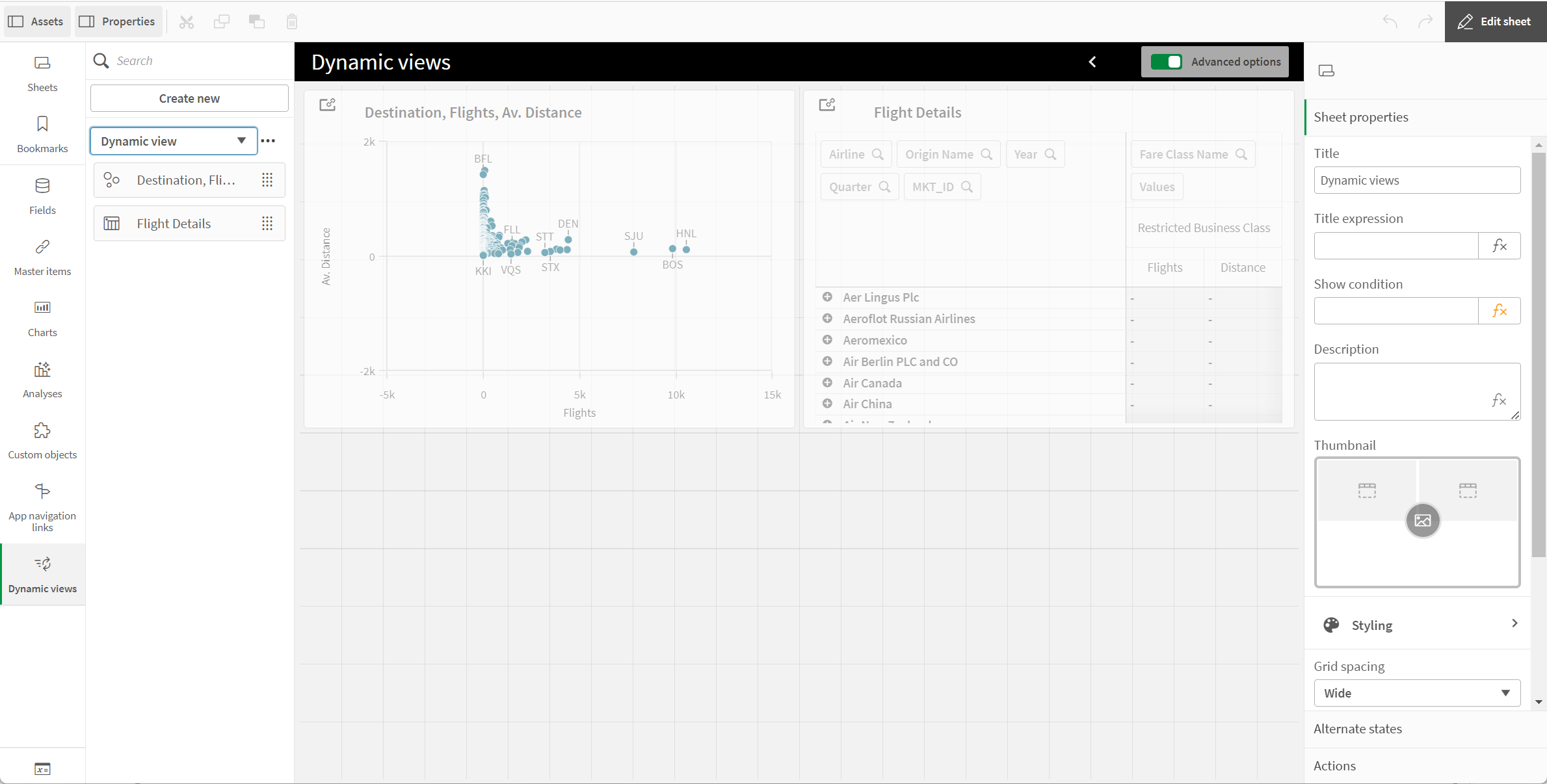 Dynamic views in the Assets panel of a new sheet