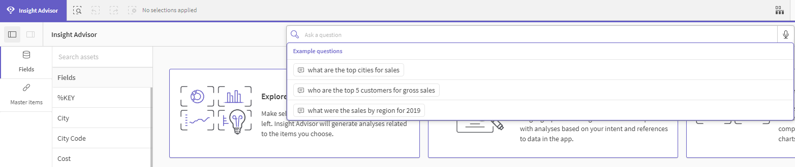 Insight Advisor open in a Qlik Sense app, with example questions populated in the search dropdown menu