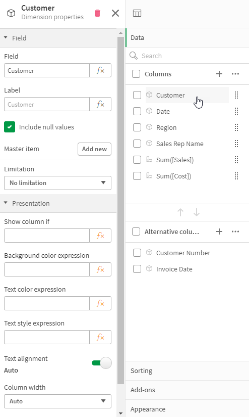 The properties panel when a straight table is selected. Showing the data pane.