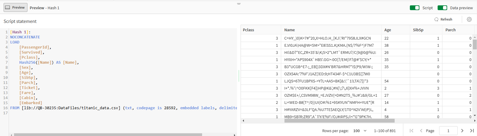 Vista previa del script y los datos tras una operación hash