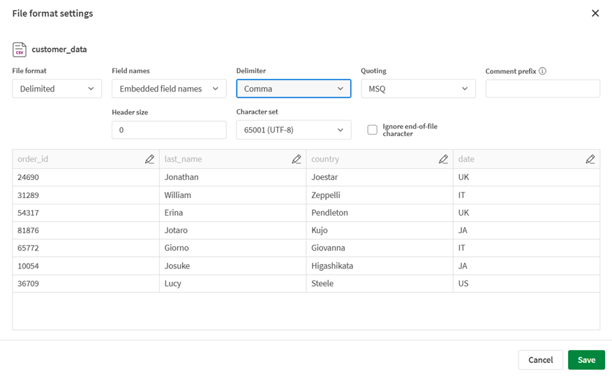 Menú de configuración del formato de archivo para un archivo csv